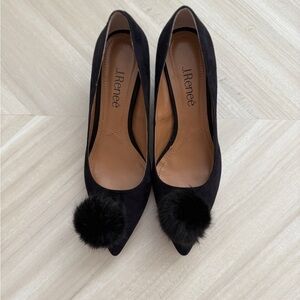J.Renee Black Suede Kitten Heels with Pom Pom